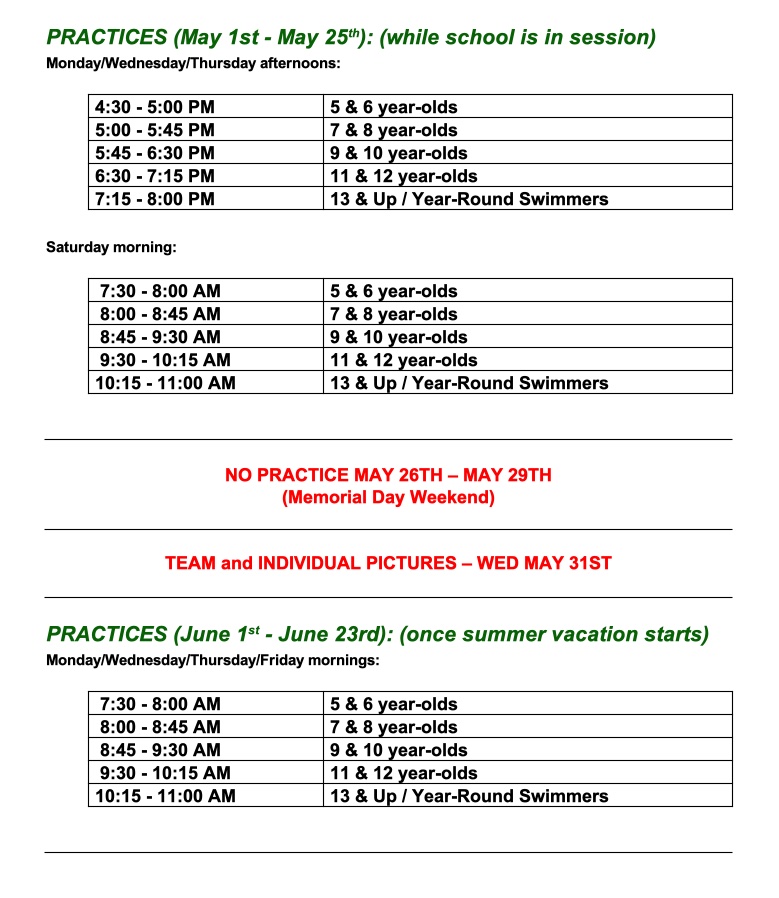 Swim Practice Schedule Vineyard Vipers Swim Team