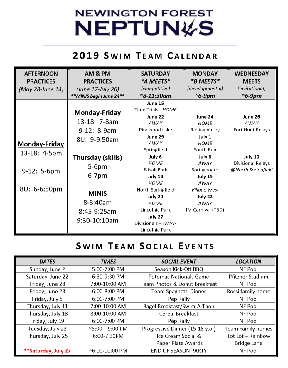Social Calendar Newington Forest Swim Team