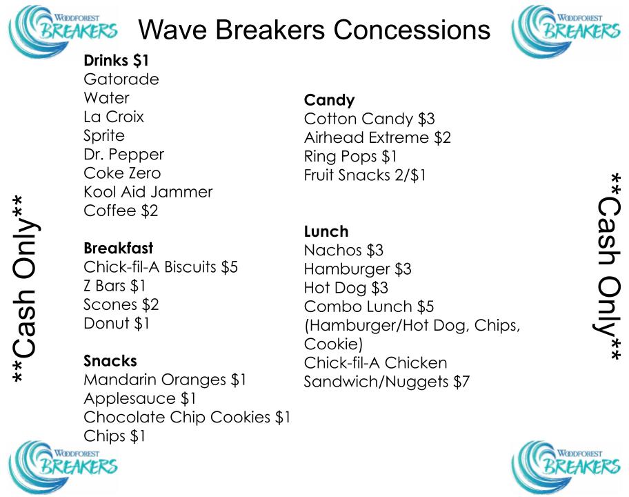 Concessions Menu Woodforest Wave Breakers