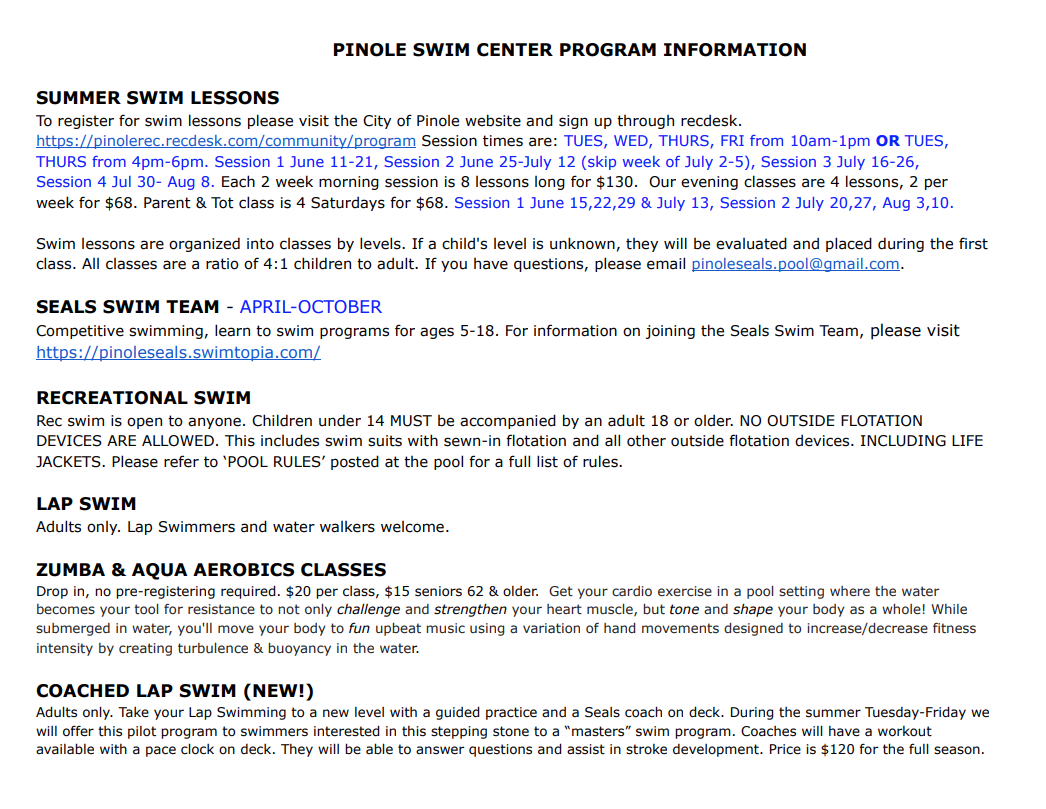 Swim Lessons - Pinole Seals Swim Team